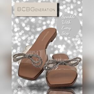 NWT BCBGeneration LAFFI Women Sz 8M Clear/Tan Sandals with Silver Rhinestone Bow